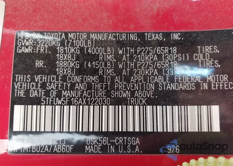 2010 Toyota Tundra Grade 5.7L V8 z USA, uszkodzony, nr VIN 5TFUW5F16AX122030